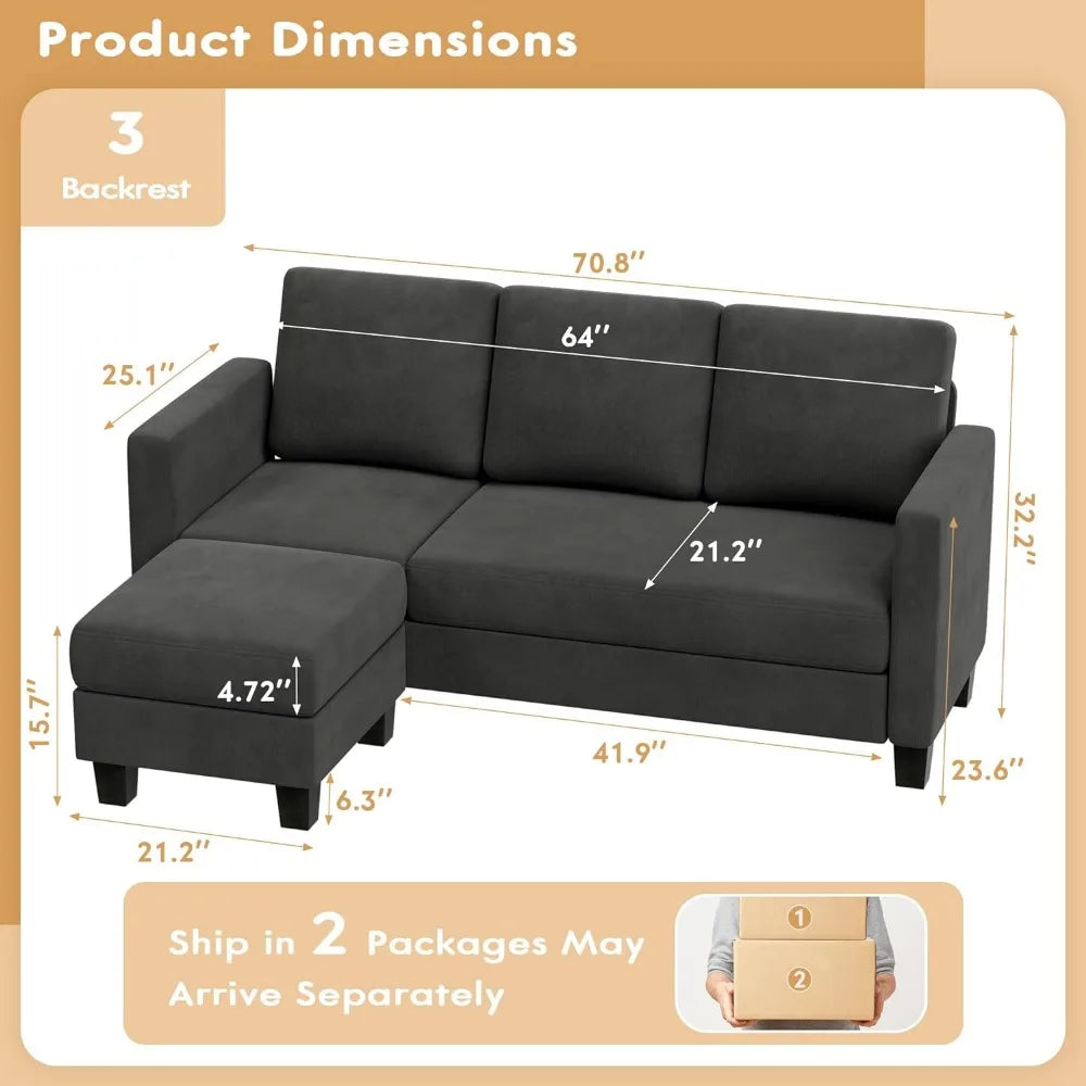 Convertible Sectional Sofa,3 Seat L-Shaped Sofa with Linen Fabric,Movable Ottoman Small Couch,Living Room and Dark Gray Couch