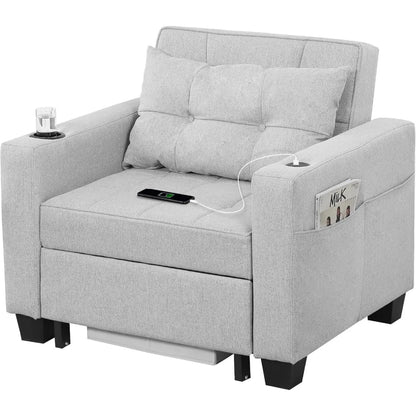 Canapé convertible trois en un avec port USB, lit gigogne, fauteuil de salon convertible (lin gris clair)