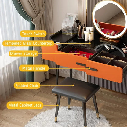 Coiffeuse avec miroir et lampe, 3 modes d'éclairage, ensemble de commode de chambre à coucher avec 3 tiroirs pour femmes / filles gris