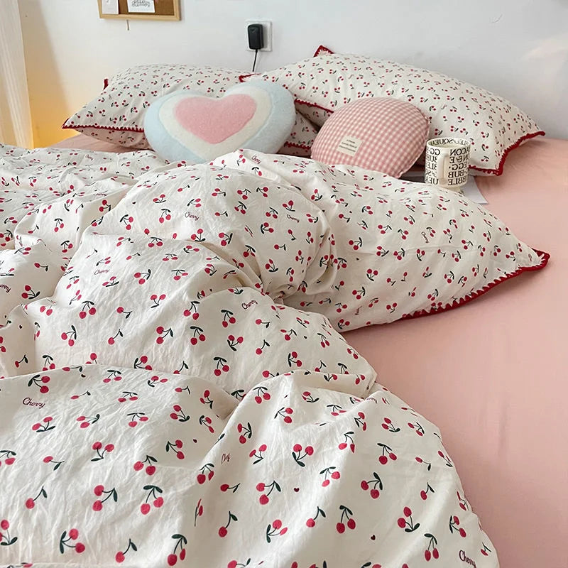 Bedding Set INS Girls Cherry  Soft Washed Cotton Bed Sheet Queen King Size Duvet Set  Comforter Set Pillowcase Bed Linens