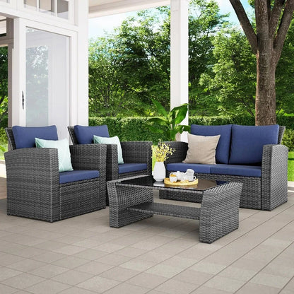 4 Piece Outdoor Patio Furniture Sets, Wicker Conversation Set for Porch Deck, Gray Rattan Sofa Chair with Cushion, Free Shipping