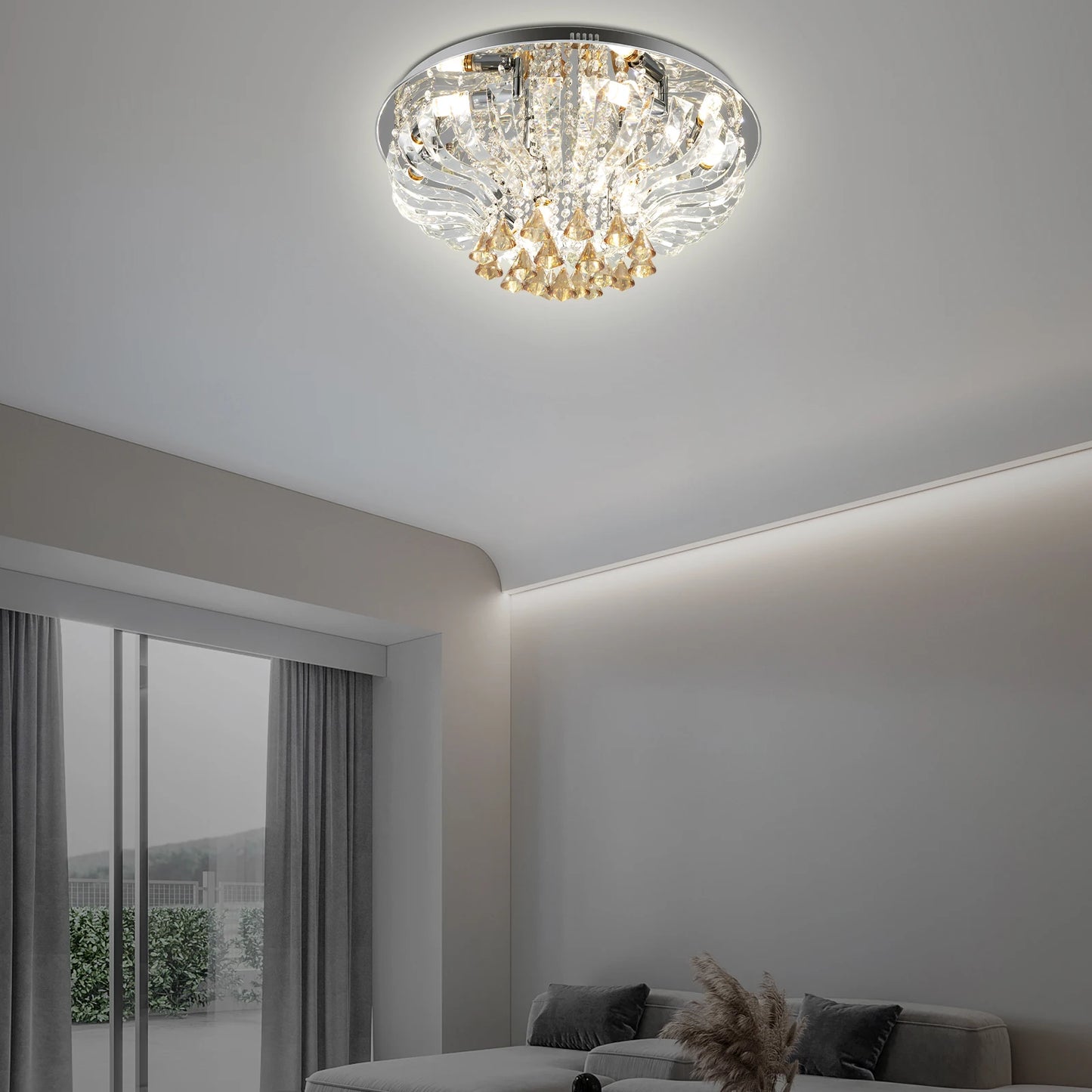 60*30cm Crystal Ceiling Lamp K9 Modern Crystal Chandelier 85V-265V with Light Remote Control Three Light Colors for Dining Room