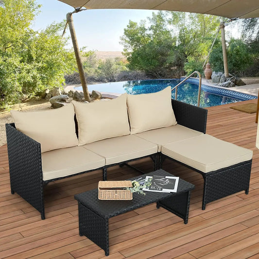 3/5-Piece Outdoor PE Rattan Furniture Set Patio Black Wicker Conversation Loveseat Sofa Sectional Couch Khaki Cushion outdoor