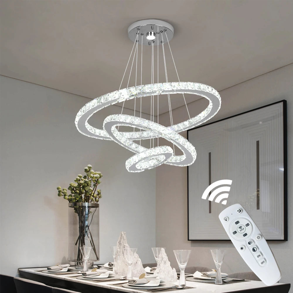 Lámpara de araña LED de cristal de lujo, luminaria para el hogar, anillos, lámpara colgante ajustable con control remoto para dormitorio y sala de estar