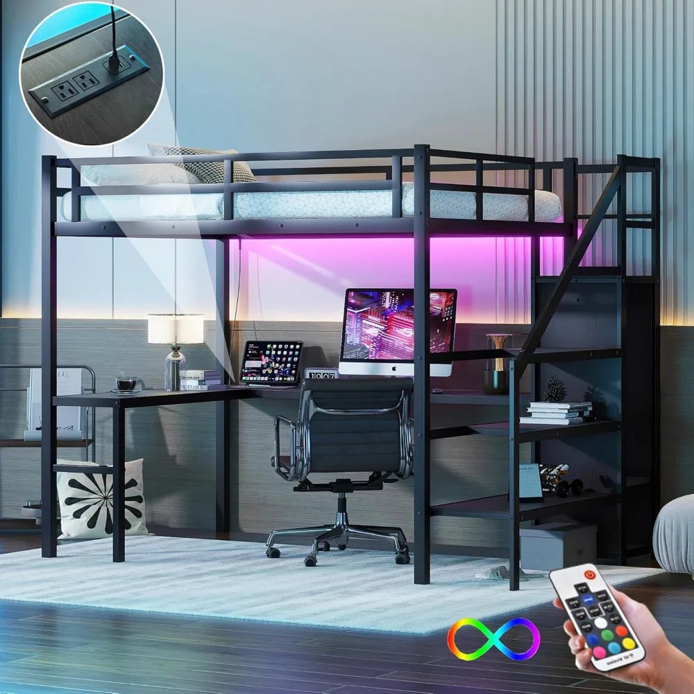 Full Size Loft Bed with Stairs and Desk, Metal Gaming Loft Bed with RGB LED Light, Heavy-duty Steel Loft Bed Frame with Storage