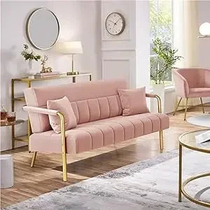 Sofá de dos plazas moderno de 56,5" de ancho con tela de terciopelo de lujo y brazos y patas de metal en tono dorado para dormitorio, Studio Pink