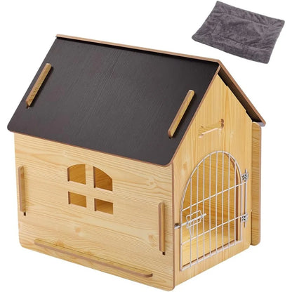 Casa de madera para mascotas con techo para perros, para uso en interiores y exteriores, fácil de montar, jaula transpirable para perros pequeños, medianos y gatos