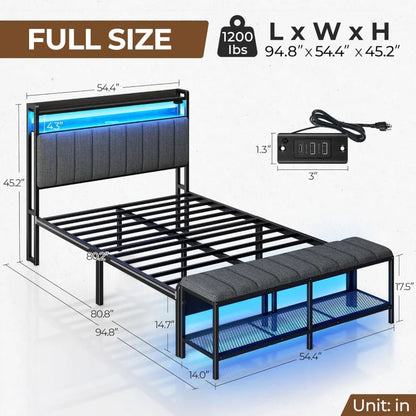 Full Bed Frame with Charging Station;Upholstered Headboard with Storage Shelves,Heavy Duty Metal Slats,No Box Spring Needed