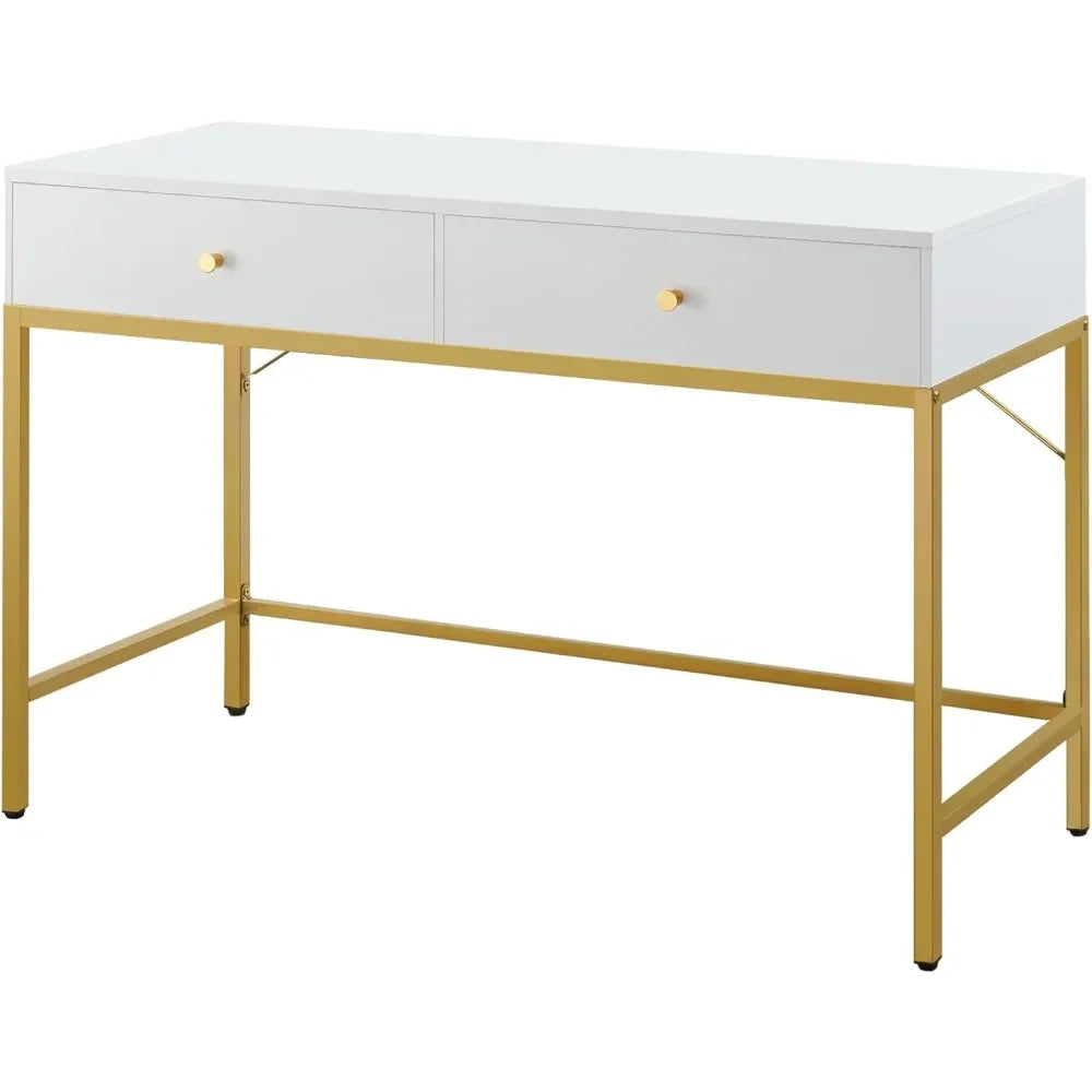 Coiffeuse avec tiroirs 47 pouces Bureau d'ordinateur moderne et simple pour la maison, coiffeuse de maquillage pour la chambre à coucher - Blanc et or