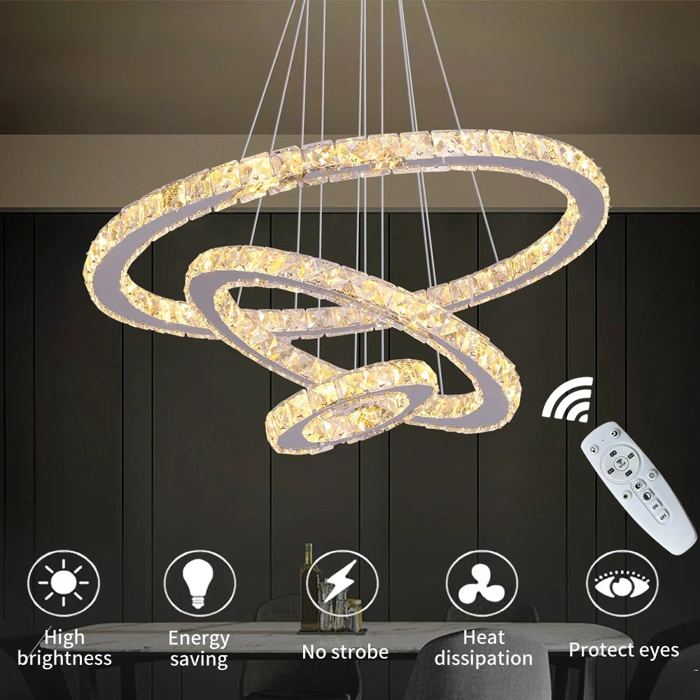 Luxury Crystal Led Chandelier Lamp Home Luminaire Rings Adjustable Pendant Light Fixture With Remote Control Bedroom Living Room