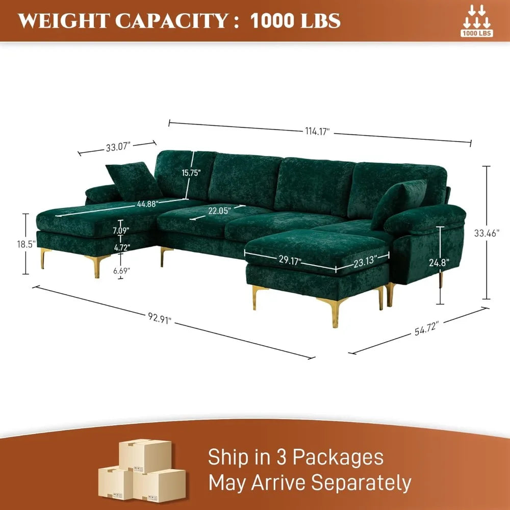 U-Shaped Sectional Sofa Couch,Sofa Set for Living Room,Convertible Velvet Couch Set with Chaise Lounge,Ottoman and Pillows