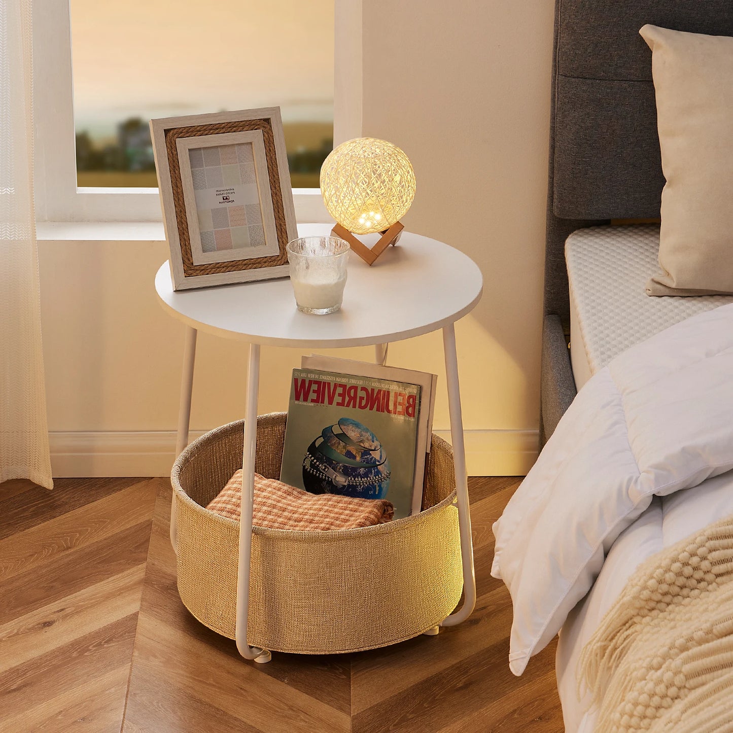 JHK Small Round Side End Table For Living Room Nightstand Bedside Table with Fabric Basket for Bedroom Nursery with Steel Frame