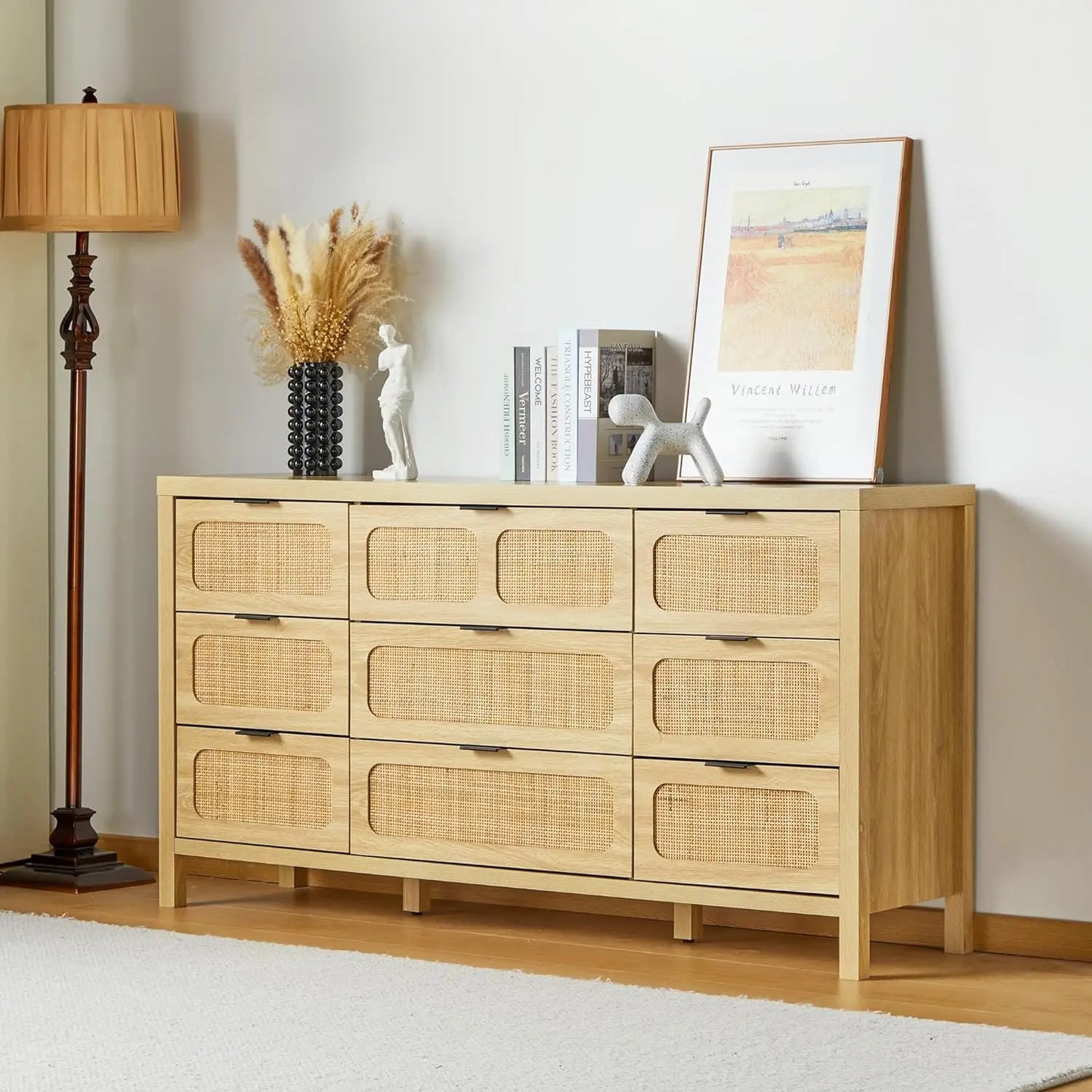 4/6/9 Drawer Dresser, Modern Rattan Dresser Chest with Large Storage and Metal Handles, Rustic Wood Storage Chest of Drawers