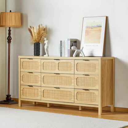 4/6/9 Drawer Dresser, Modern Rattan Dresser Chest with Large Storage and Metal Handles, Rustic Wood Storage Chest of Drawers