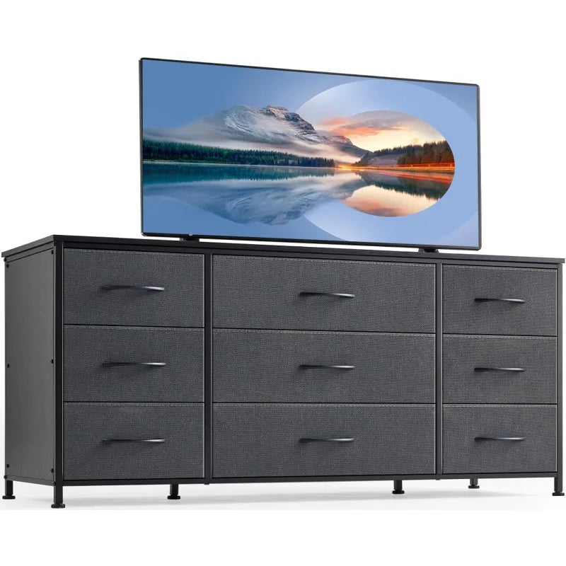 Commode TV avec tiroirs, centre de divertissement avec 9 tiroirs, table console multimédia pour console TV 60 '' pour chambre à coucher, robuste