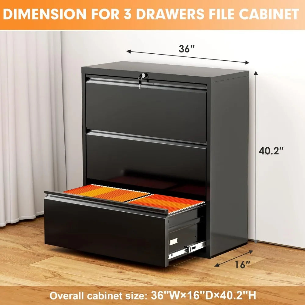 Black Lateral File Cabinet, with Lock3 Drawer Lateral for A4 Size, Metal Steel Locking Wide File Cabinet for Home Office