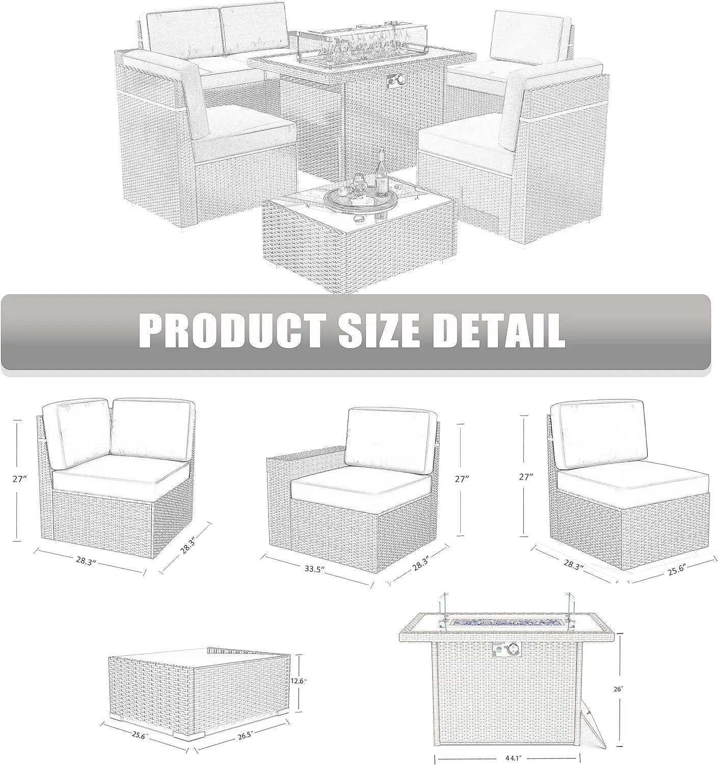 Juego de muebles de patio de 8 piezas con mesa para fogata a gas propano de 44", juego de sofá de mimbre y ratán y mesa de centro Rattan Möbel