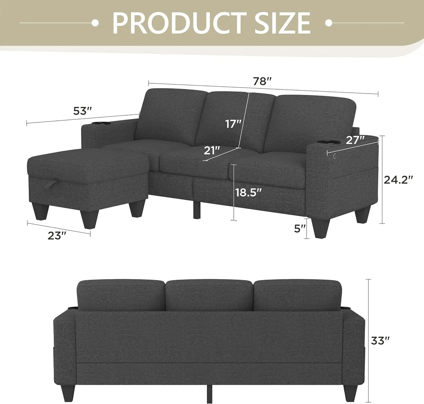 L Shape Sectional Sofa Couch with USB & Type-C Charge Port and Cup Holders,Modern Linen Sofa Set with Storage Ottoman & Pockets