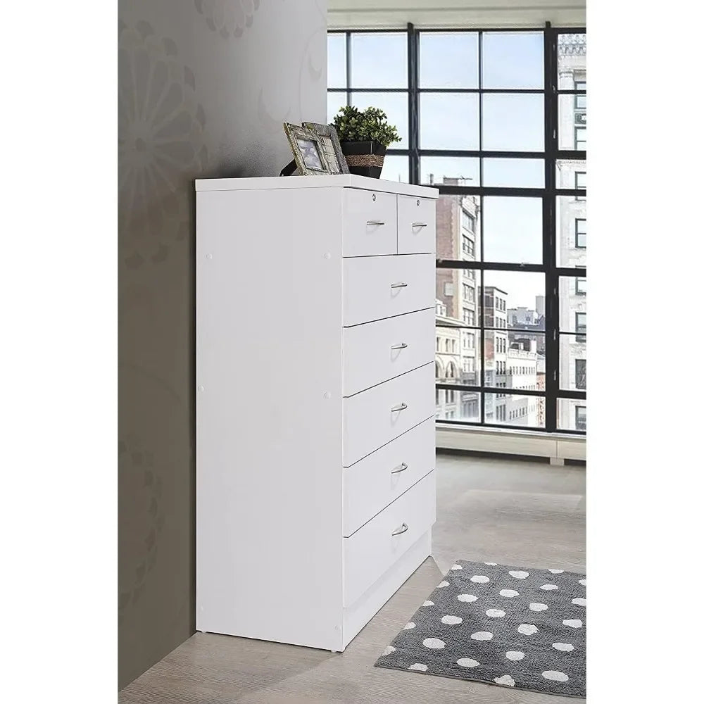 Cómoda con 2 cerraduras en los cajones superiores, mueble de dormitorio, mueble de baño blanco, escritorio de maquillaje, 31,5 pulgadas de ancho