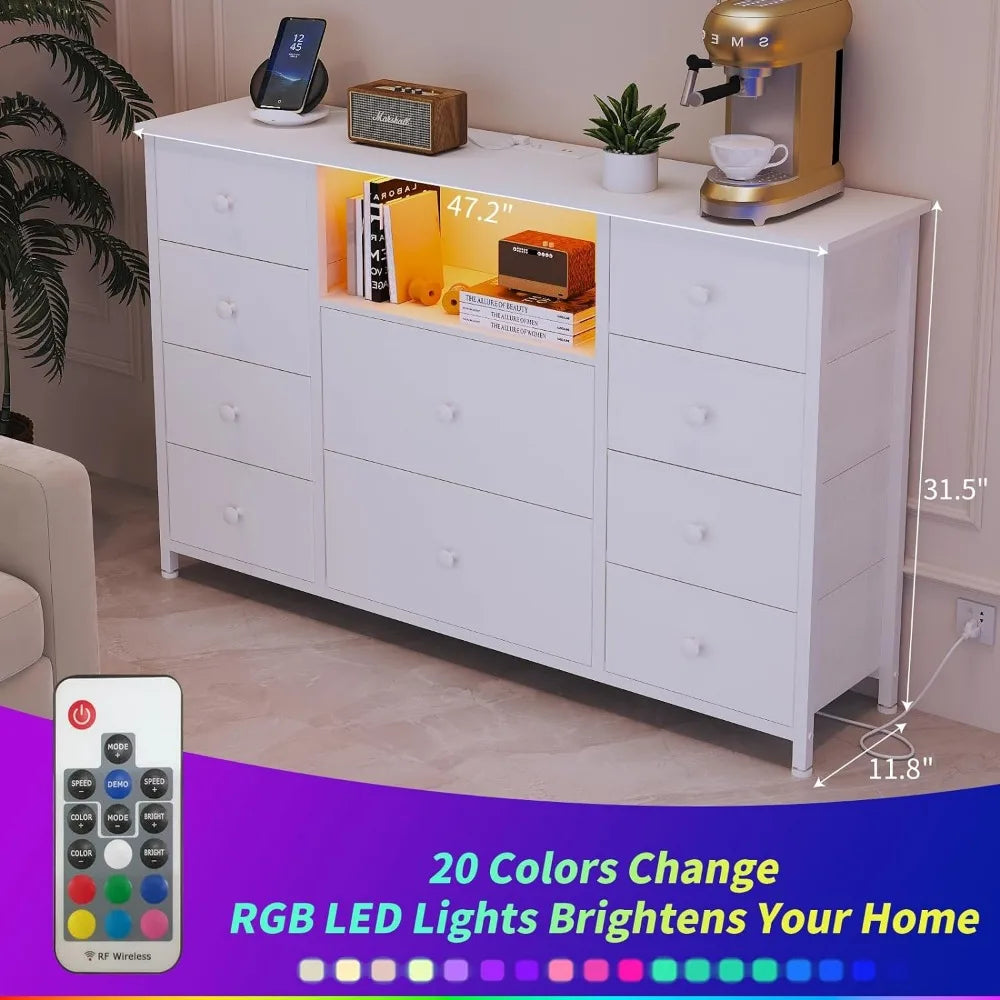 Cómoda con estación de carga y luces LED, cómoda larga para dormitorio, mueble de TV con 10 cajones,