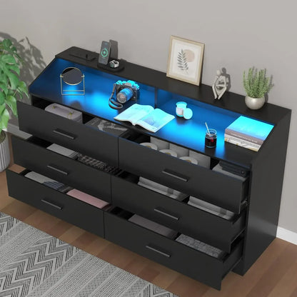 Dresser with Power Outlet, Chest of Drawers with LED Light, White Dresser Organizer with Open Storage Cubby, Modern Nightshatnd