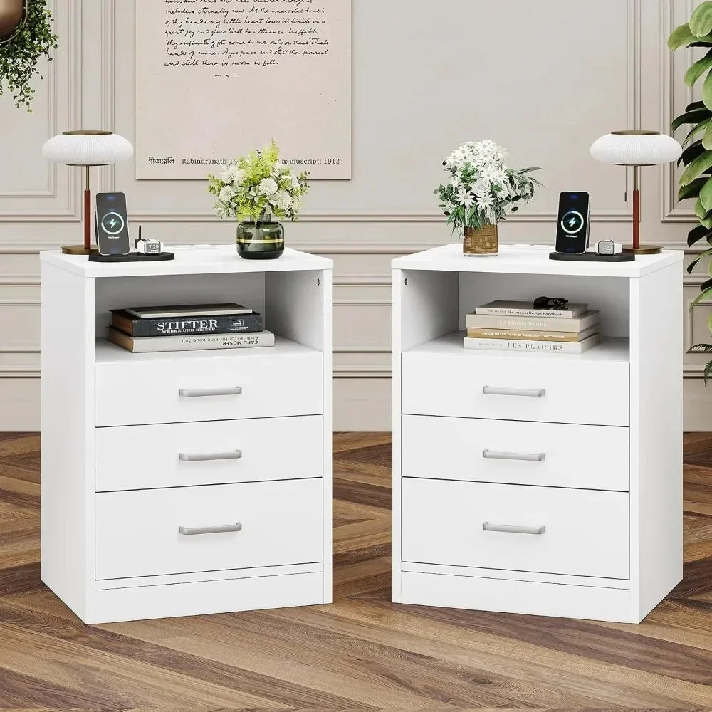 Table de chevet 3 tiroirs avec rangement ouvert, tables d'appoint pour chambre à coucher avec station de charge, table de chevet avec tiroirs, blanc