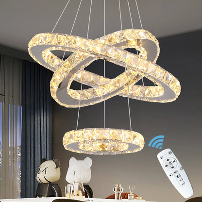 Lámpara de araña LED de cristal de lujo, luminaria para el hogar, anillos, lámpara colgante ajustable con control remoto para dormitorio y sala de estar