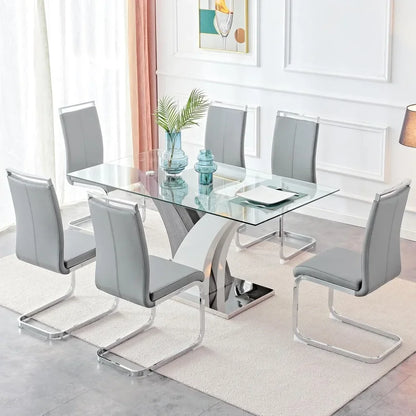 Dining Table and Chairs, 63 in, Modern Dining Table with 6 Leather Chairs, Tempered Glass Top, Glass Dinings Tables Set