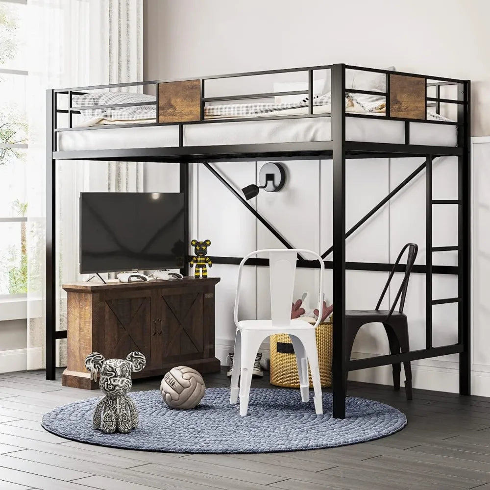 Metal Twin Loft Bed Frame with Stairs & Full-Length Guardrail, Space-Saving, Juniors and Adults, Noise Free, Strong Frame