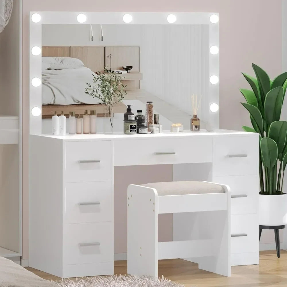 Coiffeuse avec tabouret, ensemble de table de maquillage, 3 modes d'éclairage de couleur, luminosité réglable, commodes pour meubles de chambre à coucher pour filles