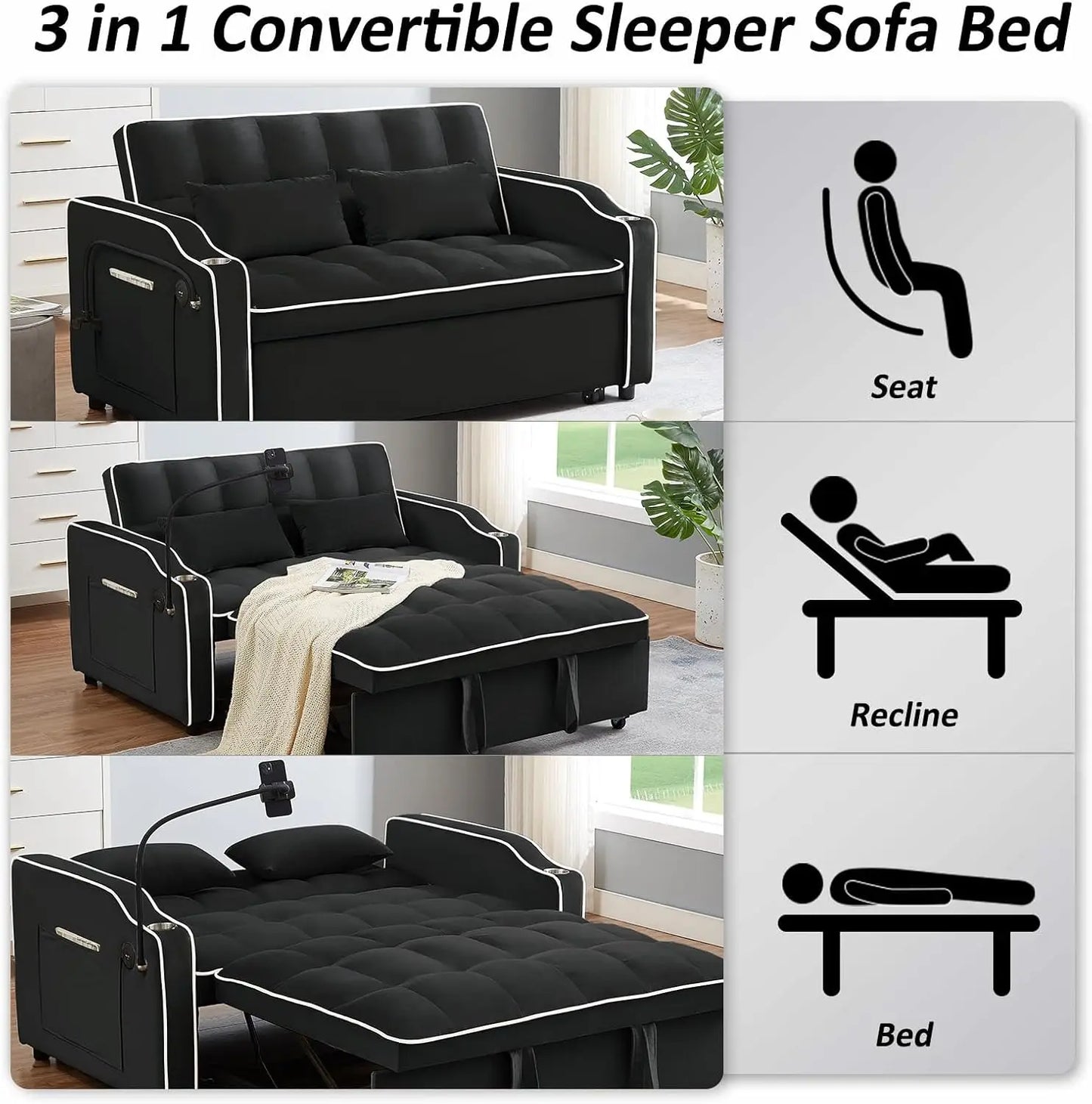 3 in 1 Sleeper Sofa Couch Bed,Velvet Convertible Loveseat Sleeper Sofa Bed,Pull Out Sofa Bed With USB Port & Ashtray