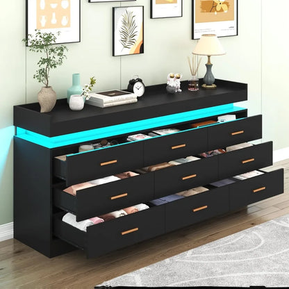 9 Drawer Dresser with LED Light, Modern Chest of Drawers for Closet, Wide Drawer Organizer Cabinet for Bedroom, White