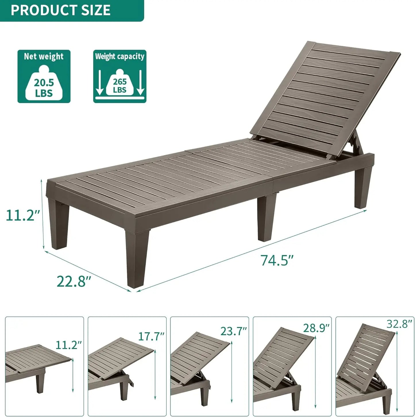 Ensemble de chaises longues d'extérieur 1/2/4 avec dossier réglable, chaises longues robustes pour patio et bord de piscine, assemblage facile et étanche