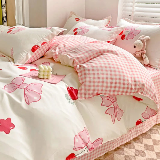 Kawaii Pink Bowknot Duvet Cover Set NO Filler Girls Bedding and Flat Sheet Pillowcase Twin Queen Full Fashion Quilt Cover Decor