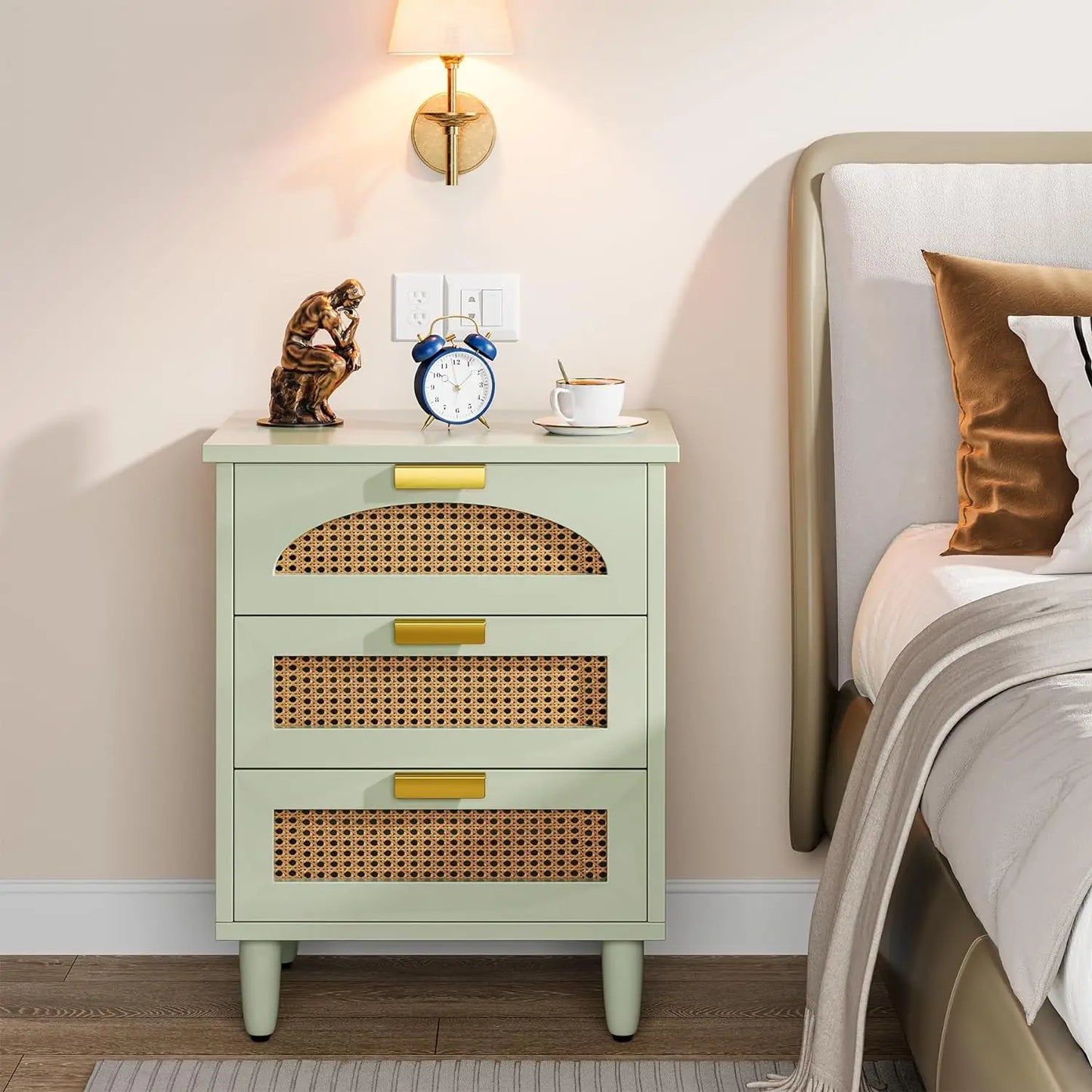 Rattan Nightstand, 3-Drawer Farmhouse Night Stand Side Table, Accent Bedside Tables End Table for Bedroom Living Room