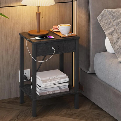 2 Piece Side Table Set with Charging Station, with USB Port, 2 Tier Storage Shelf Nightstand, Living Room Side Tables Set of 2