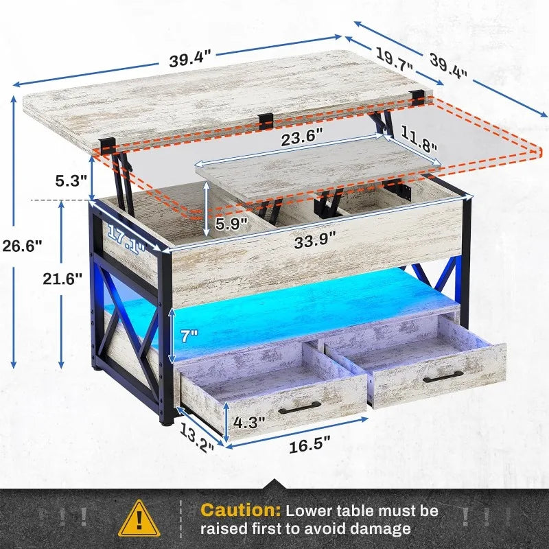 40" Lift Top Coffee Table, 4 in 1 Coffee Tables with Storage for Living Room, Small Farmhouse Coffee Table with 2 Drawers & LED
