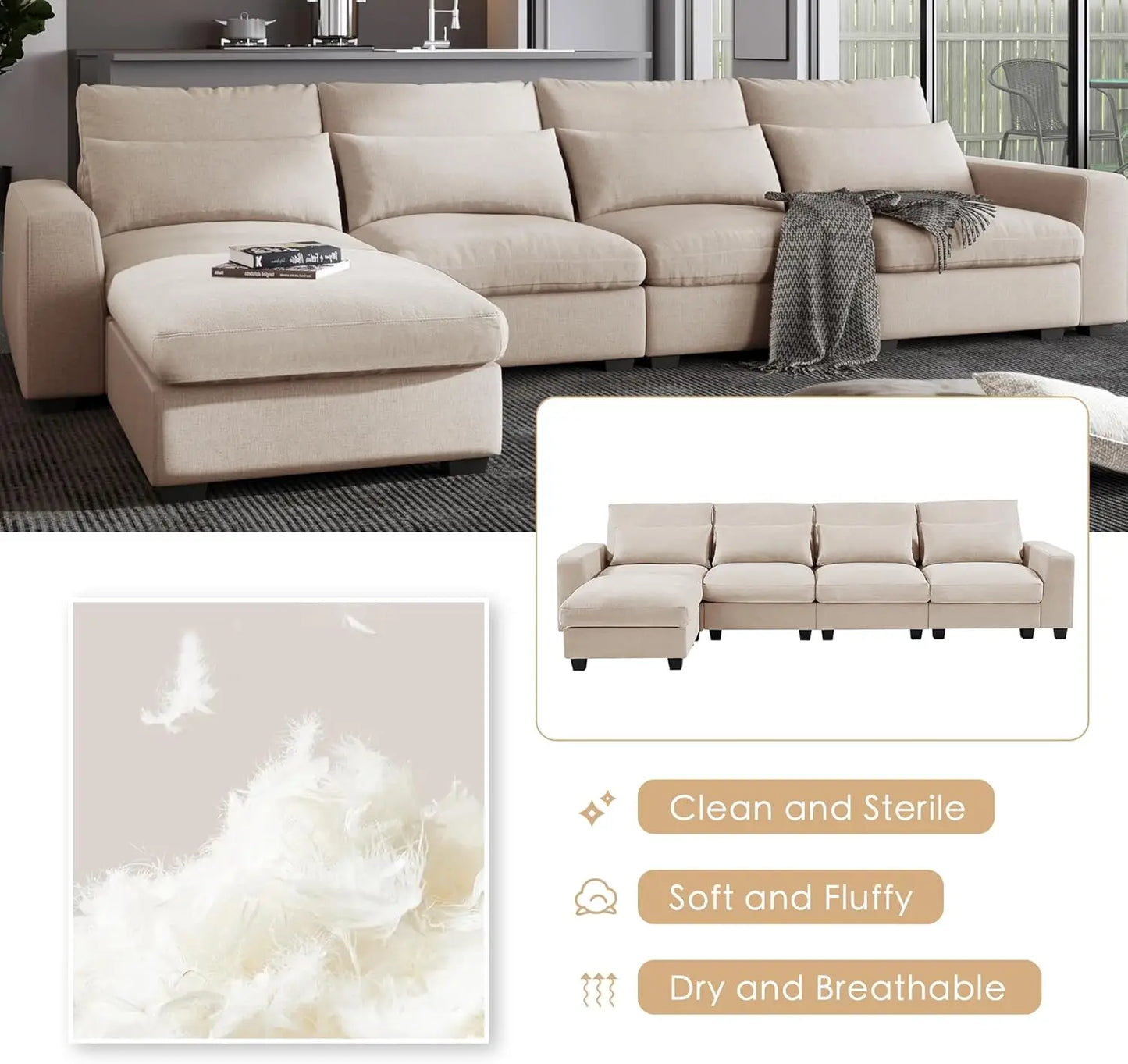 Modern Upholstered Sectional Sofa Set,Modular L Shaped Sectional Living Room Sofa Set,Convertible Couch with Reversible Chaise