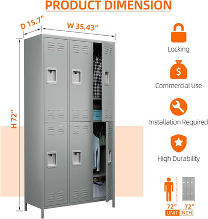 Lockers - 6 Lockable Door Locker Cabinet,72 Inch Tall Storage Locker for Employee,Home Office,Gym,School