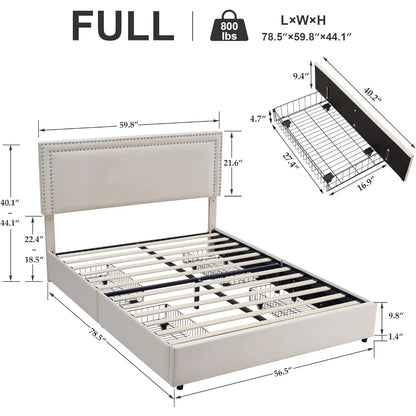 Cama de tamaño completo con plataforma acolchada y marco de cama con 4 cajones de almacenamiento, cabecera ajustable con remaches de terciopelo, cama de dormitorio