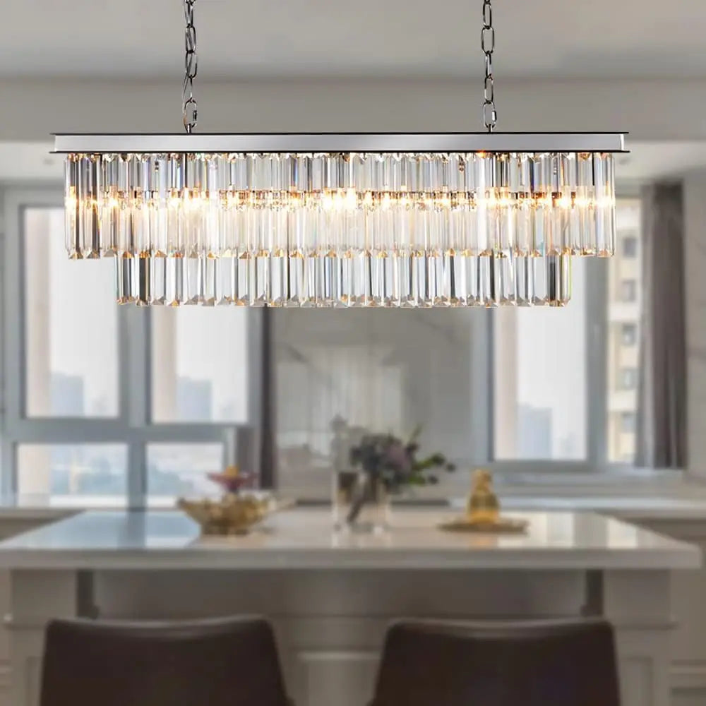 Modern K9 Crystal Chandelier Pendant Light Fixture Rectangular Lustras Ceiling Lamp for Dining Room Kitchen Home Lighting