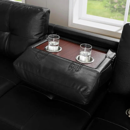 Canapé de salon, ensemble de canapé sectionnel en cuir PU en forme de L avec rangement, chaise longue, pouf, 2 porte-gobelets et 2 coussins décoratifs, noir