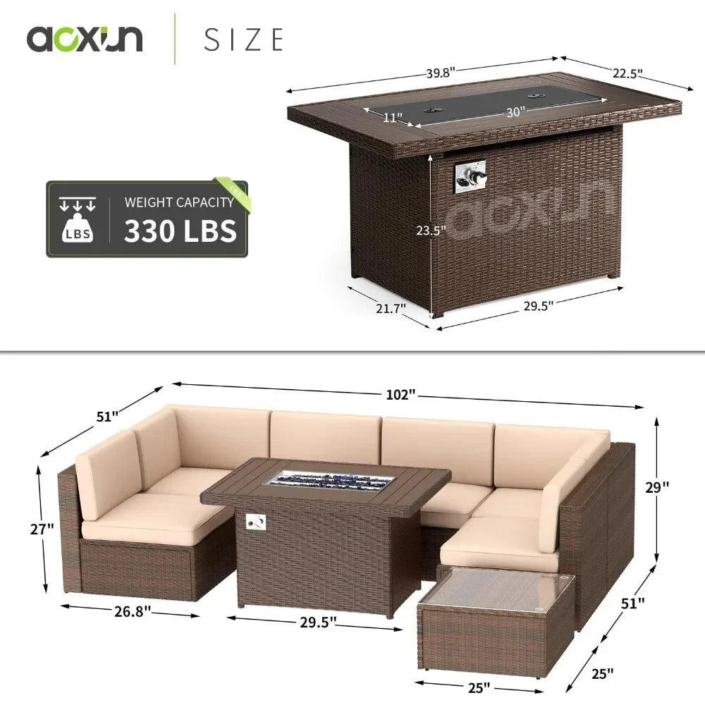 Juego de muebles de jardín de 8 piezas con fogón de 40", juego de sofás para exteriores, juego de muebles de mimbre con mesa de centro, juegos de muebles de jardín