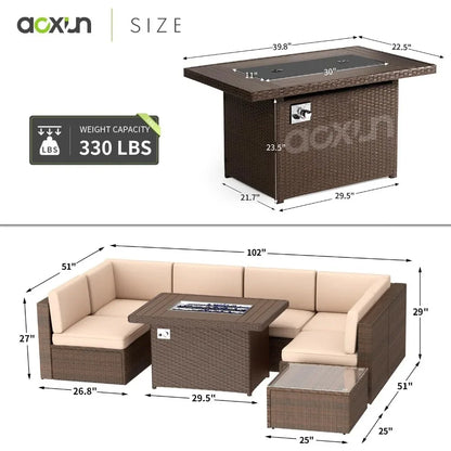 Juego de muebles de jardín de 8 piezas con fogón de 40", juego de sofás para exteriores, juego de muebles de mimbre con mesa de centro, juegos de muebles de jardín