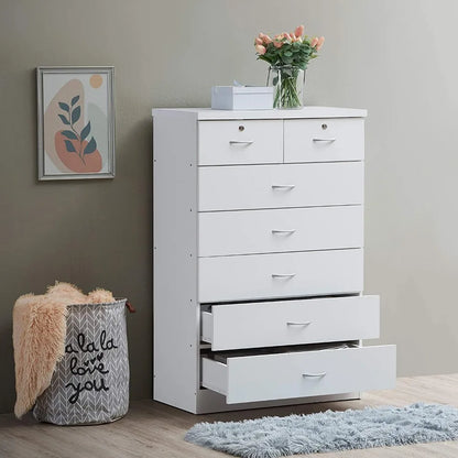 Cómoda con 2 cerraduras en los cajones superiores, mueble de dormitorio, mueble de baño blanco, escritorio de maquillaje, 31,5 pulgadas de ancho