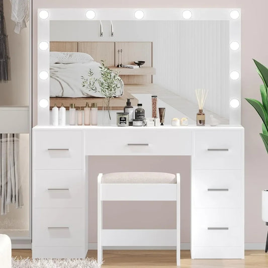 Coiffeuse avec tabouret, ensemble de table de maquillage, 3 modes d'éclairage de couleur, luminosité réglable, commodes pour meubles de chambre à coucher pour filles