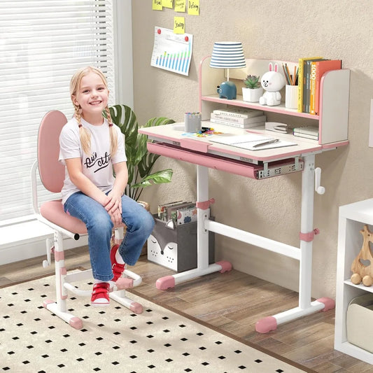 Kids Desk and Chair Set, Height Adjustable Children School Study Table and Chair Set w/Tilt Desktop