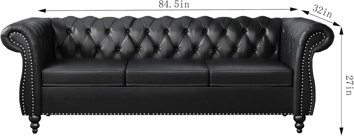 Modern 3 Seater Couch,Roll Arm Classic Tufted Chesterfield Settee Leather Sofa w/ Channel Tufted Seat Back for Living Room,Black