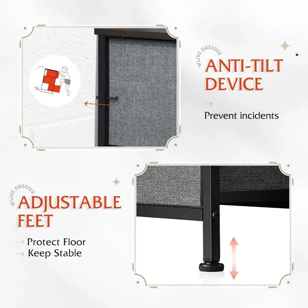 Cómoda gris oscuro para dormitorio, muebles de dormitorio, cómoda con tiradores fáciles de tirar, tocador de 11 cajones