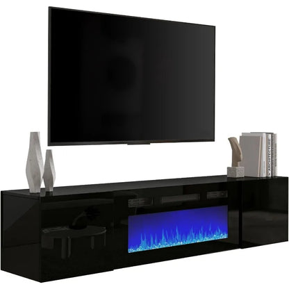 Floating TV Stand with 36" Electric Fireplace, High Gloss Finish Wall Mounted Fireplace Entertainment Center with Storage for